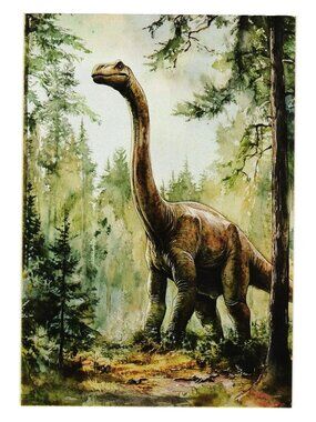 Brachiosaurus Dinosaur In Forest Wall Art Postcard Blank Illustration Frameable